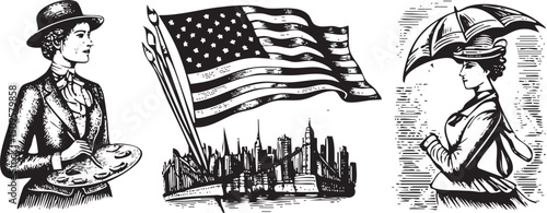 woman with a painter’s palette and an umbrella observes the American flag over a cityscape.