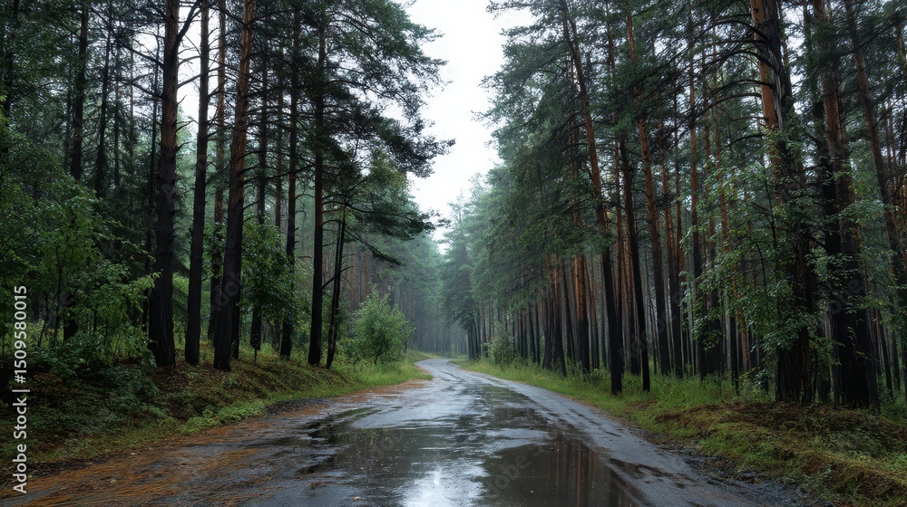 Fototapeta premium Serene Forest Road After Rain A Tranquil Pine Forest Scene