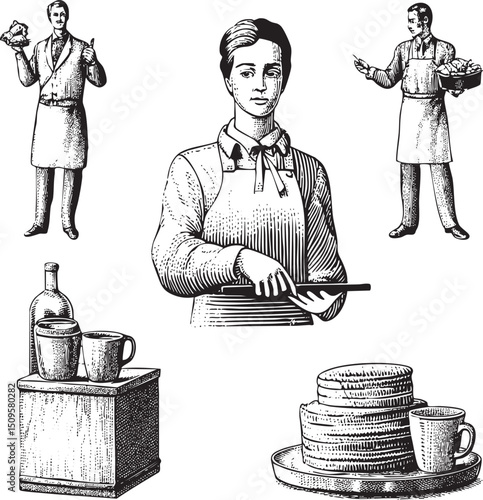 woman prepares a stack of pancakes with plates and cutlery.