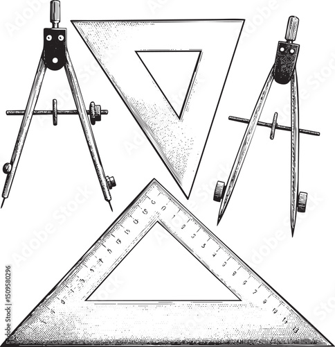 Three precision instruments – a compass protractor and ruler – are arranged in a linear composition.