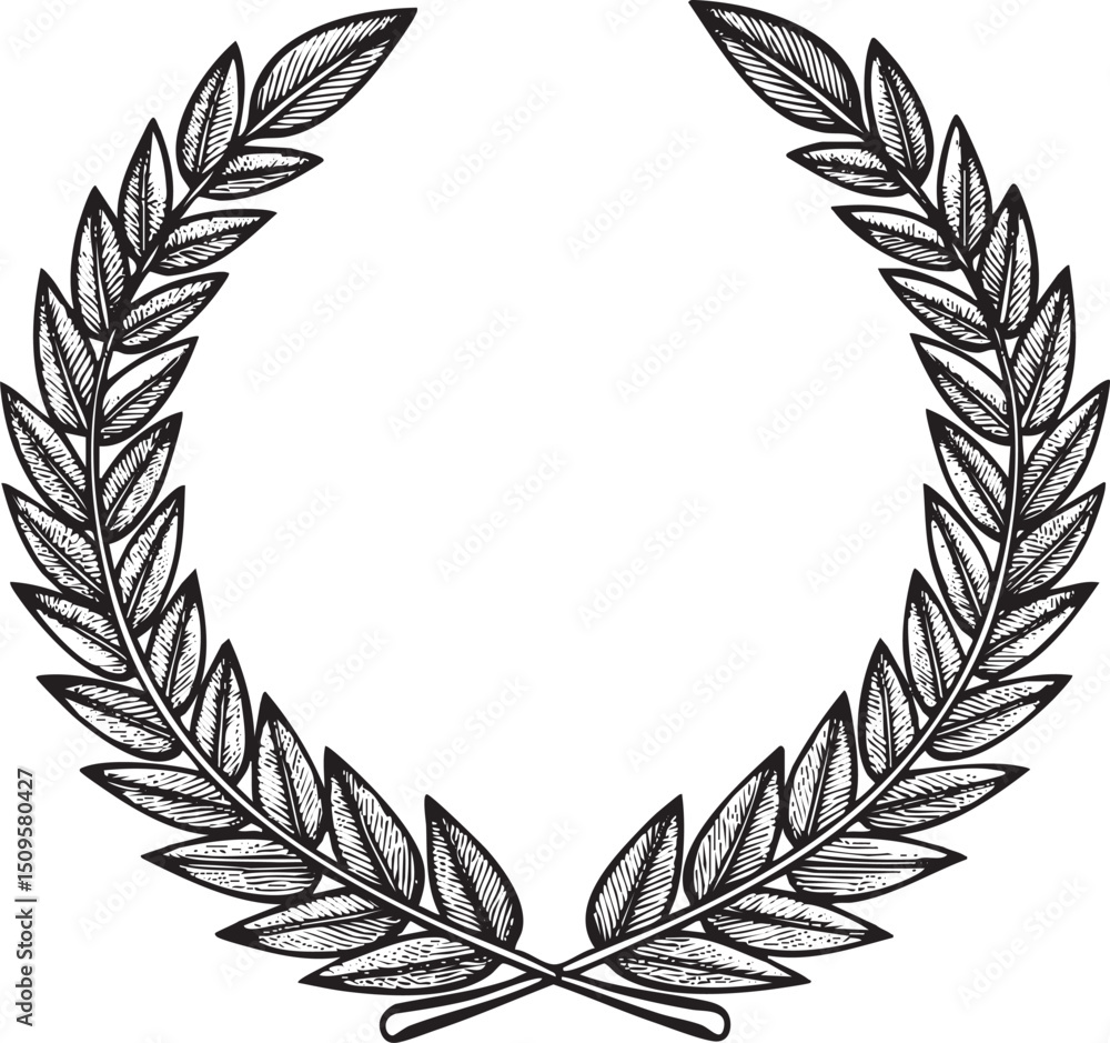 Obraz premium detailed black and white wreath composed of layered laurel leaves.