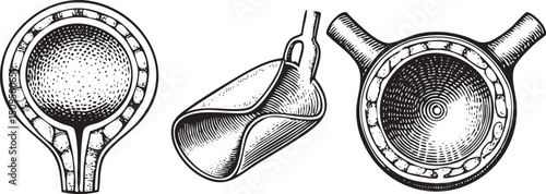 Three detailed anatomical illustrations showcase a human heart’s chambers and vessels.