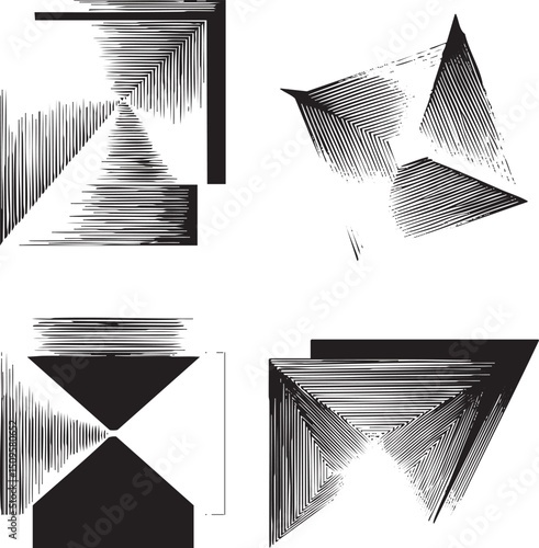 Four intersecting geometric shapes create a dynamic abstract on a white background.