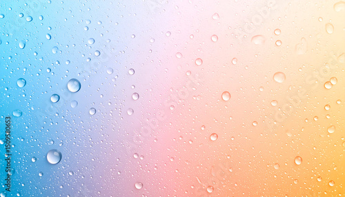 Subtle Bubbles on Pastel Canvas: A close-up reveals a delicate dance of water droplets on a smooth, pastel-colored canvas, capturing the essence of freshness, purity and serene beauty. 