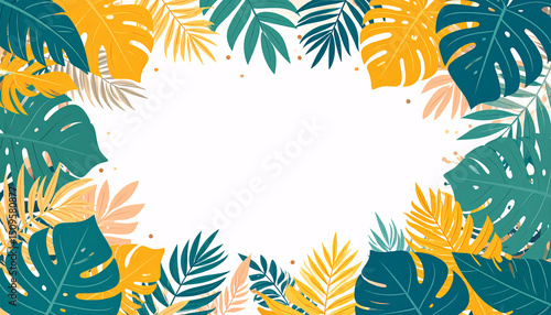 Tropical foliage frame: Vivid tropical foliage forms an inviting frame. Featuring an open space. perfect for design.