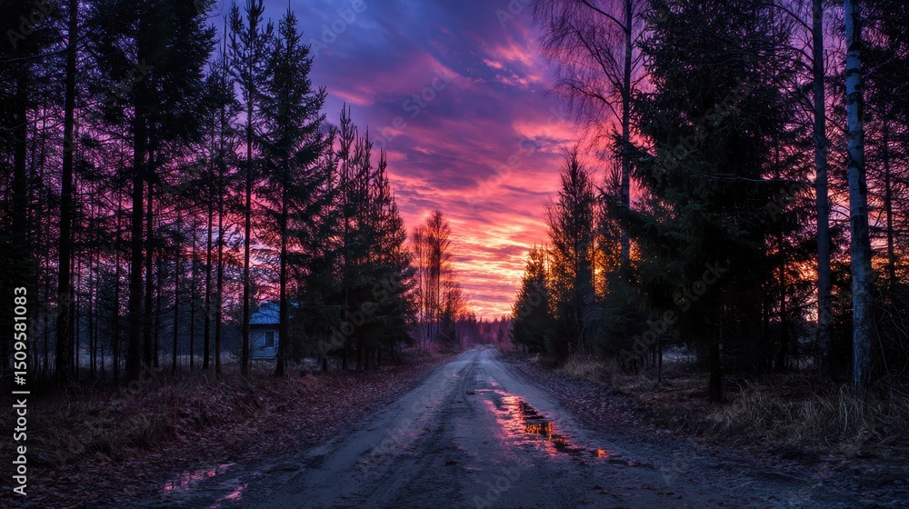 Obraz premium Vibrant Sunset over Pine Forest Road
