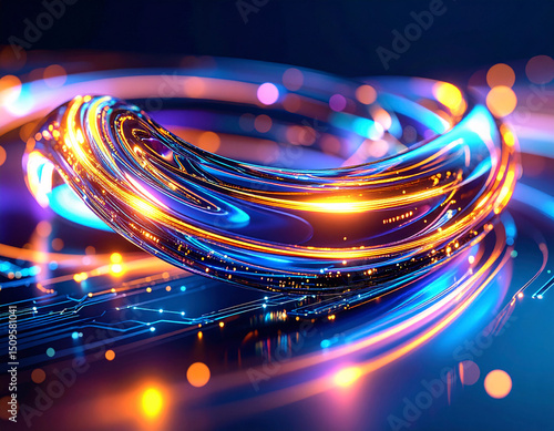 Quantum Loop: A mesmerizing abstract loop of iridescent material shimmers with energy, symbolizing advanced technology, innovation, and the interconnectedness of the digital world.
