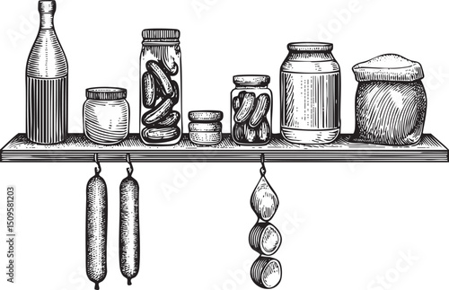 wooden shelf displays various preserved foods in glass jars.