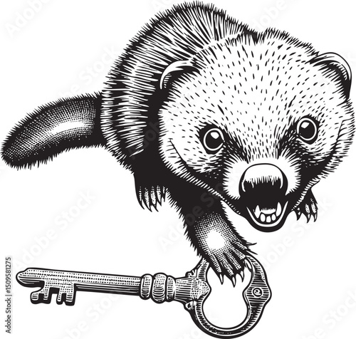 playful ferret grips a vintage key with sharp teeth.