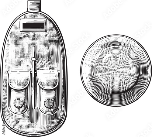 black camera bag rests beside a woven straw hat.