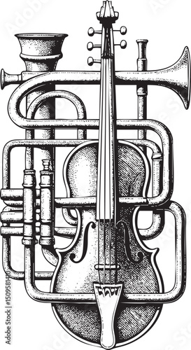 detailed depicts a complex musical instrument combining a violin viola and horn.