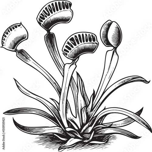 Three carnivorous plants display their traps in a detailed black and white .