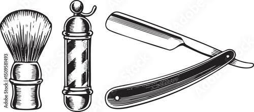 vintage shaving brush and razor rest sit on a plain white background.