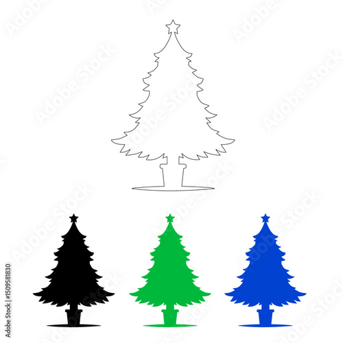 vector illustration of a fir tree on which there is a star decoration, there are vector lines and black, green and blue colors, great for Christmas icons.