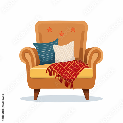 A cozy armchair with a blanket and pillow
