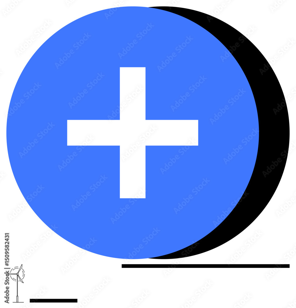 Obraz premium Blue circle with white plus sign, black shadow behind, wind turbine icon, and minimal lines. Ideal for healthcare, technology, positivity, sustainability, innovation energy simple landing page