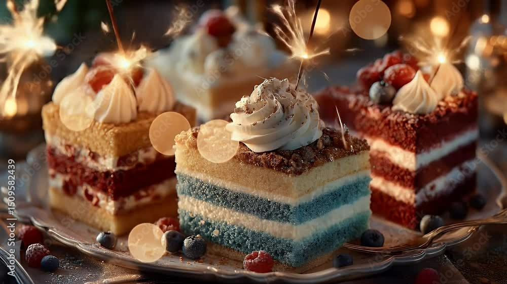 Delicious cake slices with berries and sparkler lights festive dessert photography Delicious cake slices with berries and sparkler lights festive dessert photography