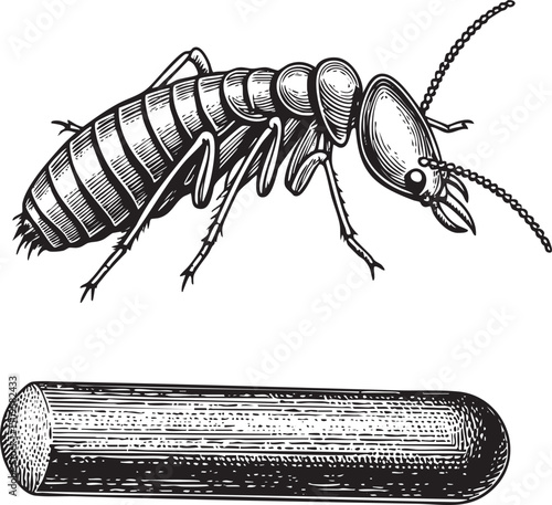 detailed black and white depicts an ant clinging to a cylindrical tube.