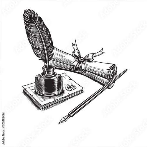 black inkwell rests upon a parchment sheet accompanied by a quill and a rolled scroll.