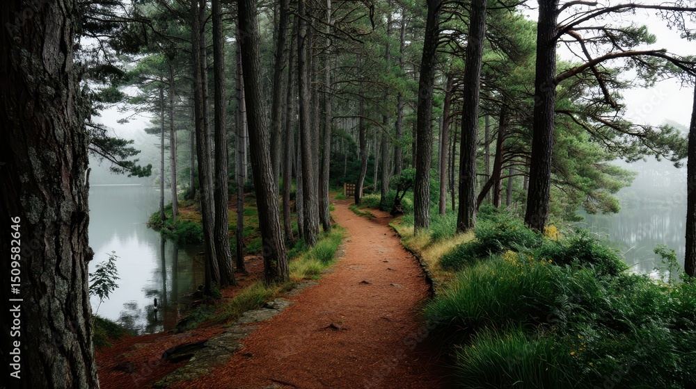 Fototapeta premium Serene Lakeside Path Winding Trail Through a Pine Forest