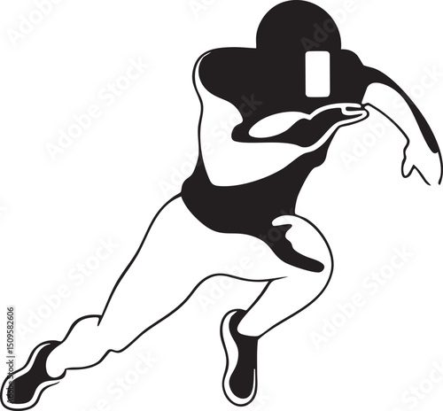 silhouetted figure runs with a football.