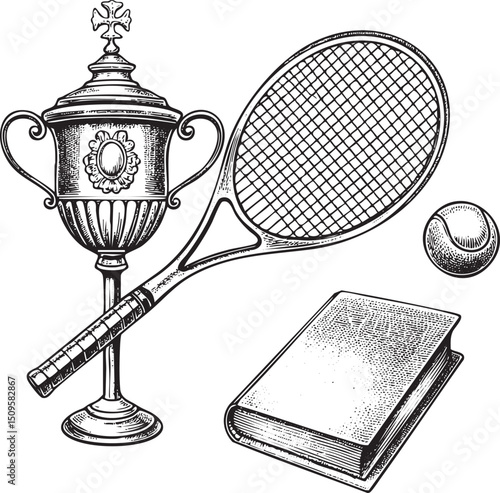vintage trophy rests beside a tennis racket a ball and an open book.