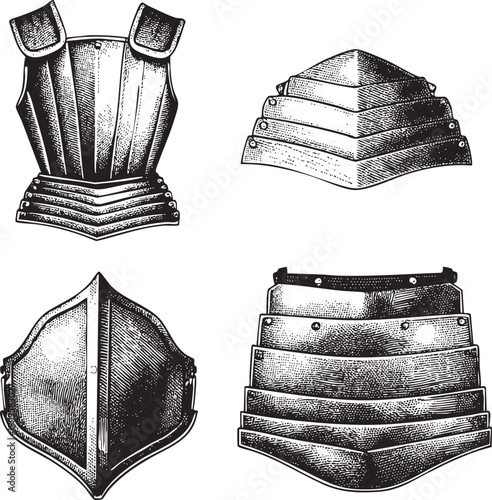 Four intricately detailed black and white engravings depict various protective armor pieces.
