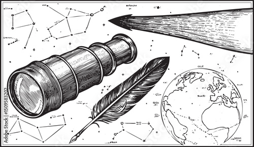 vintage telescope focuses on a detailed of a celestial globe and a quill pen.