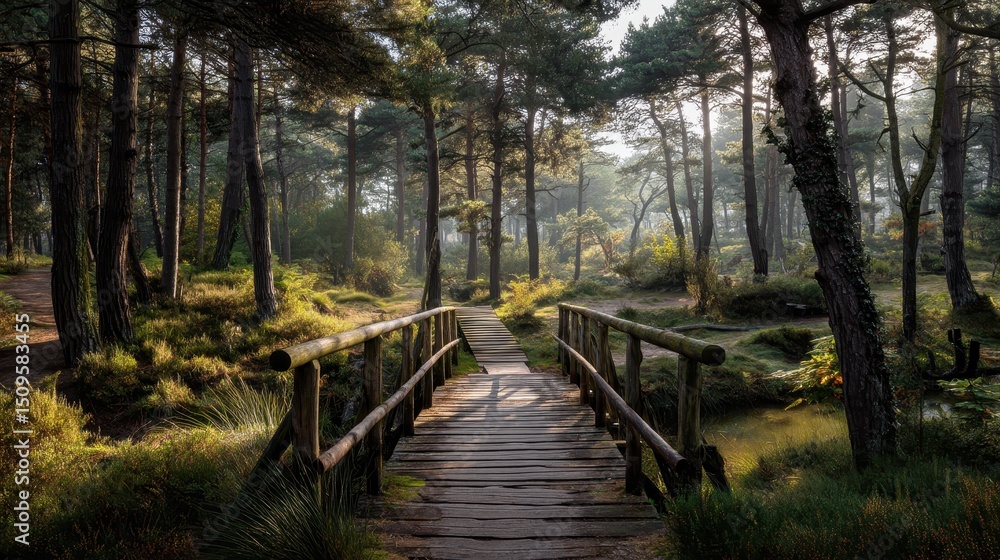 Obraz premium Serene Path Through Pine Forest to Wooden Bridge