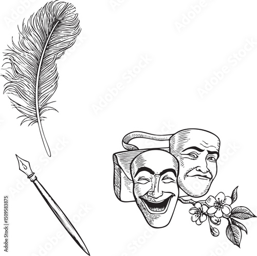 quill pen rests beside theatrical masks and a feather.