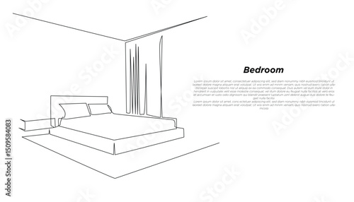 Bedroom Interior Vector Illustration, Minimalist One Line Drawing.