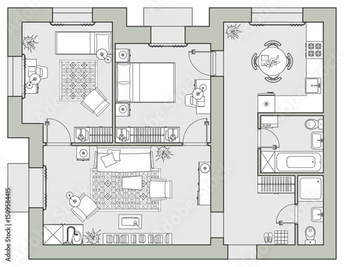 Floor plan of apartments in top view. Layout of the cottage. A project with the arrangement of furniture. Vector