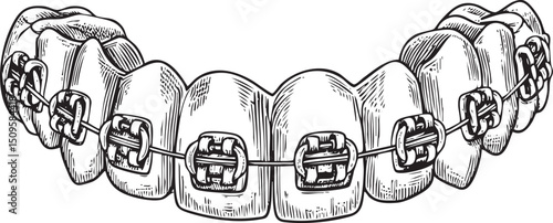close-up of teeth fitted with orthodontic braces.