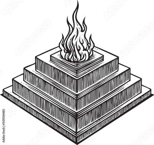 tiered stone structure rises with a vibrant flame at its apex.