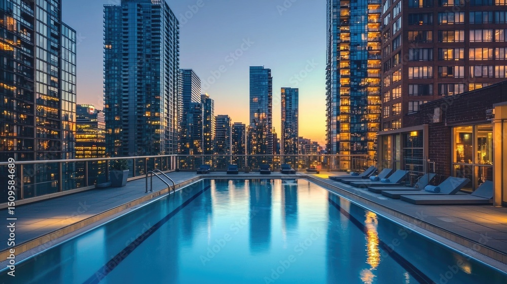 Fototapeta premium Rooftop pool with city skyline at twilight.