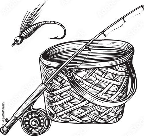 fishing fly and rod rest inside a woven wicker bucket.