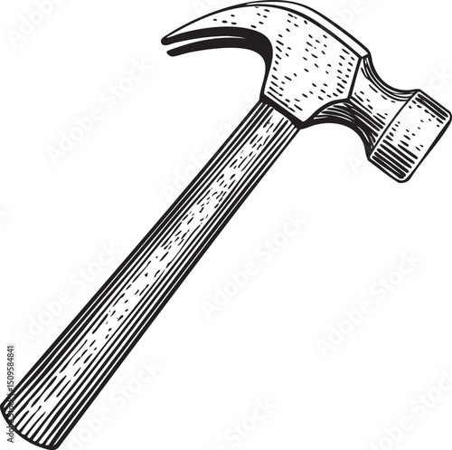 black and white depicts a sturdy hammer resting on a wooden surface.