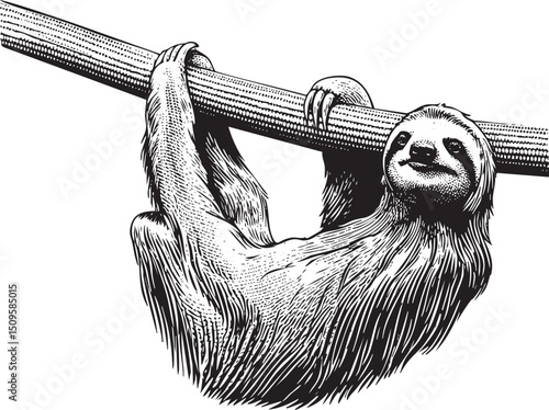 relaxed sloth hangs upside down from a sturdy branch.