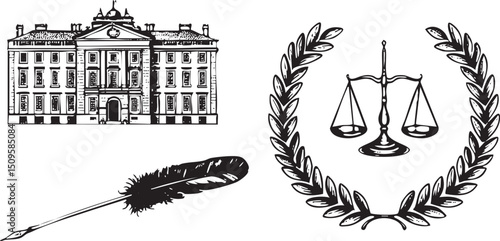 black and white features a stately building a quill pen and scales of justice.