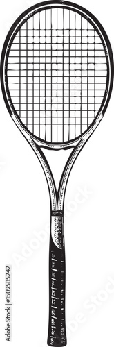 black and white tennis racket stands upright against a stark background.