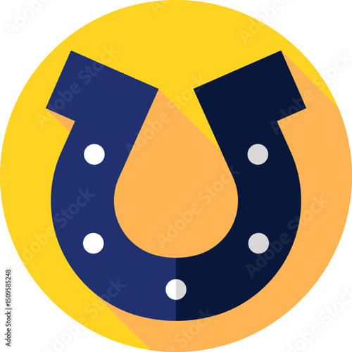 Blue horseshoe with white dots rests on a yellow circle, symbolizing luck and good fortune with a simple, modern aesthetic.