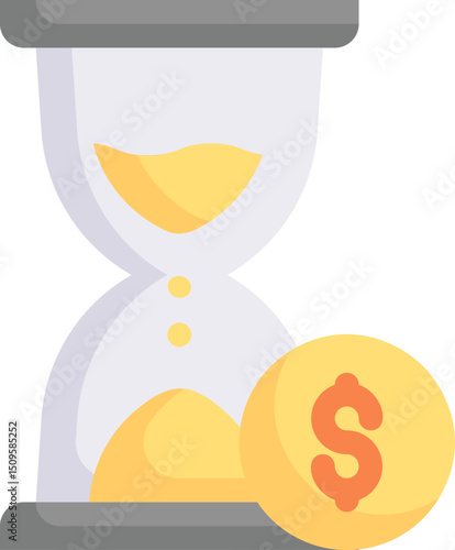 Hourglass dropping sand next to gold coin representing time is money concept on white backdrop, symbolizing financial pressure and urgency.
