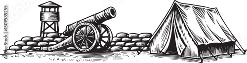 weathered cannon rests near a tent amidst defensive fortifications.