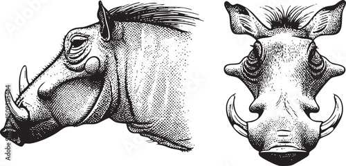 Two detailed black and white illustrations depict a rhinoceros and a warthog.