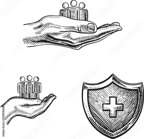 hand cradles coins and figures representing people symbolizing prosperity and community.