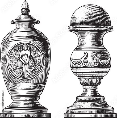 Two antique urns display intricate carvings and a central figure.