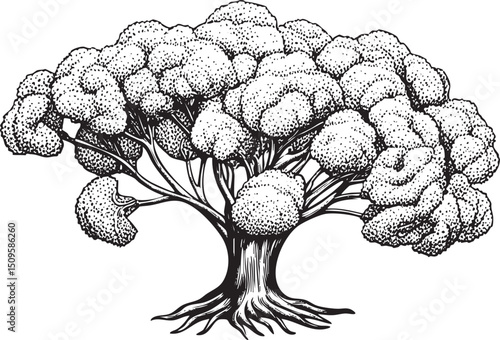 detailed black and white depicts a tree with a large cauliflower-shaped canopy.