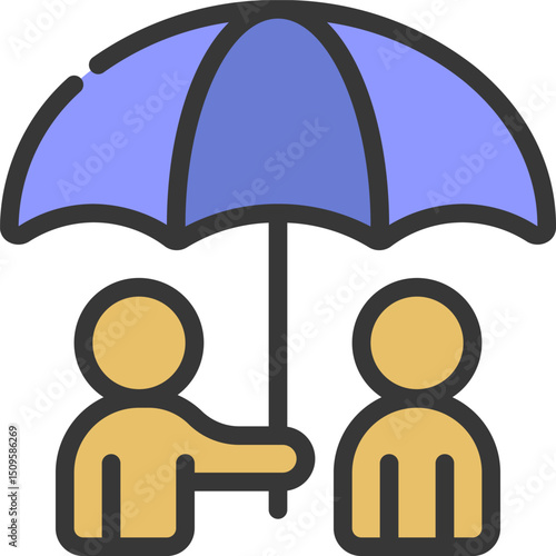 Hand holding umbrella protects two people from rain in a simple, colorful style, conveying safety and security during inclement weather.