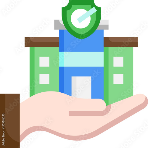 Hand holds building with shield representing insurance protection and financial security in a modern and trustworthy style.
