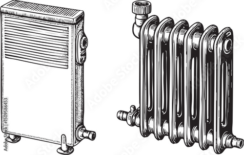Two vintage cast iron radiators stand side-by-side in a stark black and white .